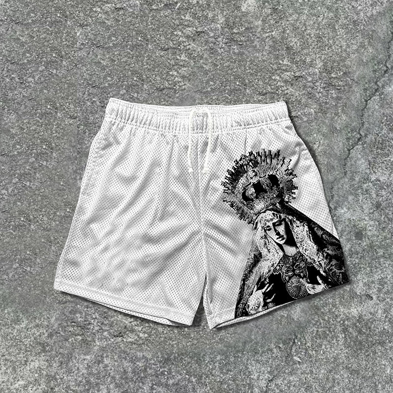 Vintage The Scriptures Of The Blessed Virgin Mary Graphics Mesh Drawstring Shorts