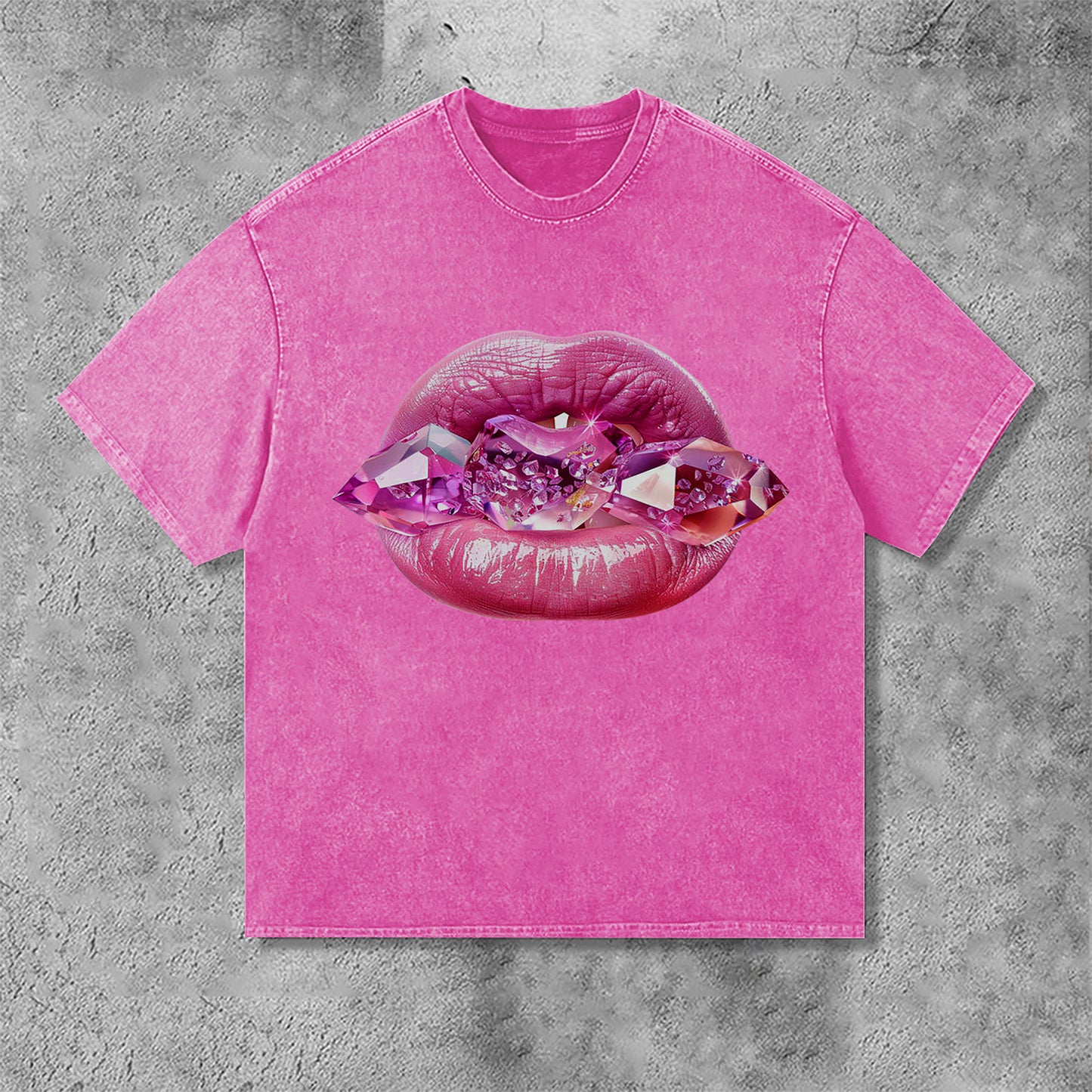 Diamond Lips Graphic Print Acid Washed T-Shirt