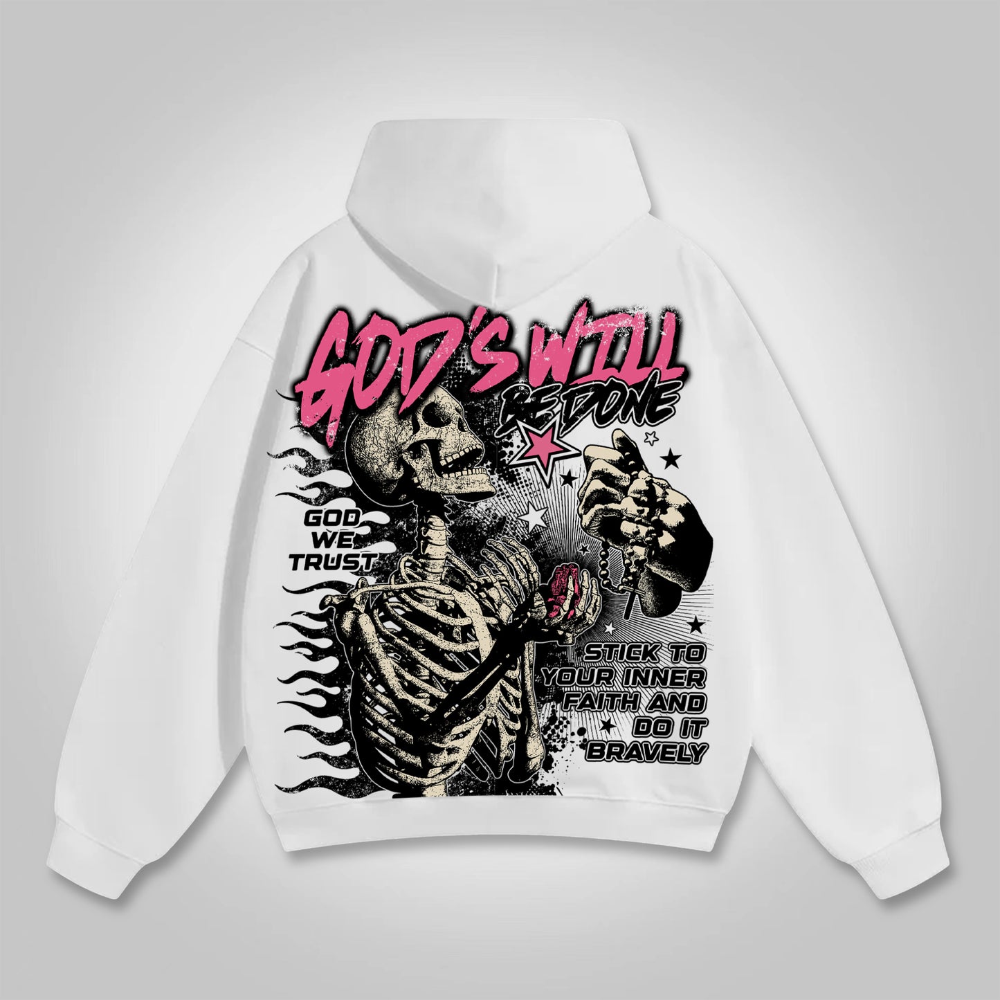 God's Will Be Done Flame Beliefs Skull Graphics Cotton Pocket Hoodie