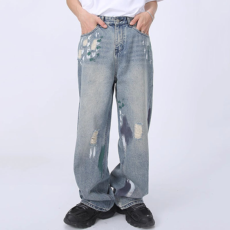 Men's Graffiti Ripped Floor-Length Wide-Leg Jeans