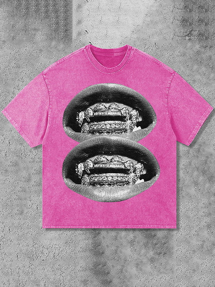 Men's Unisex Lip Graphic Print Acid Washed T-Shirt