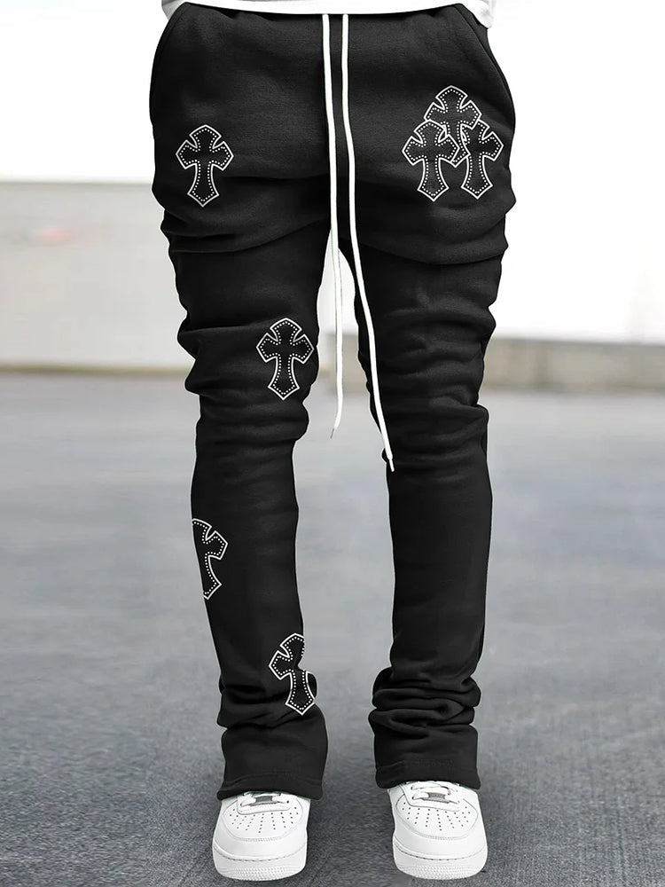 Faith Cross Print Graphic Black Stacked Flared Pants