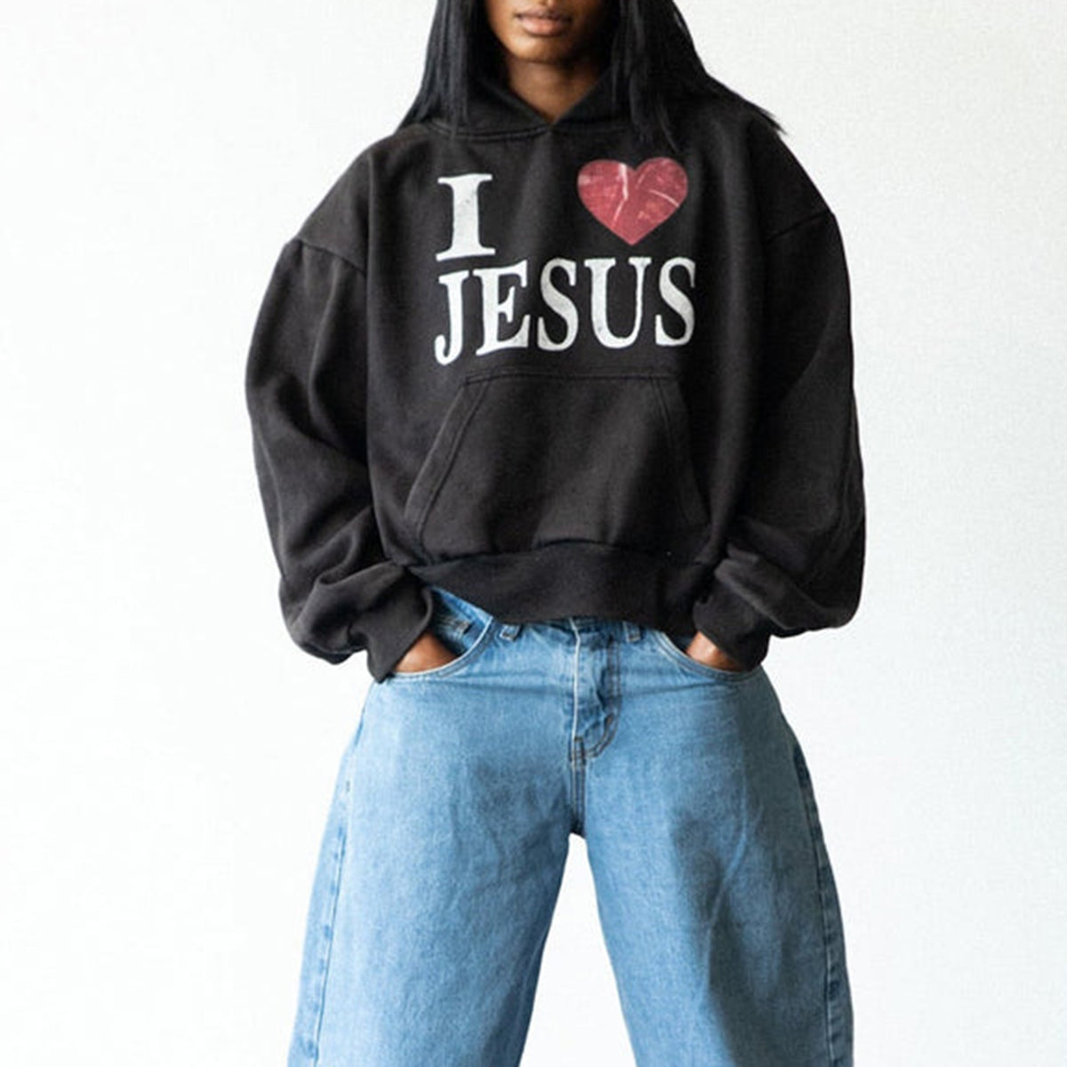 I Love Jesus Print Graphic Black Acid Washed Pullover Hoodie