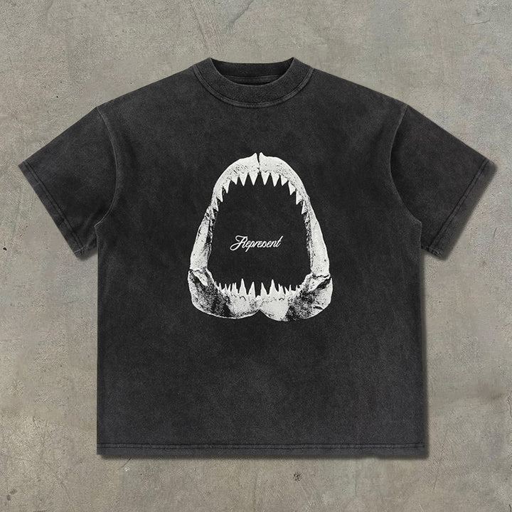 Vercoo Vintage Megalodon Print Washed T-Shirt