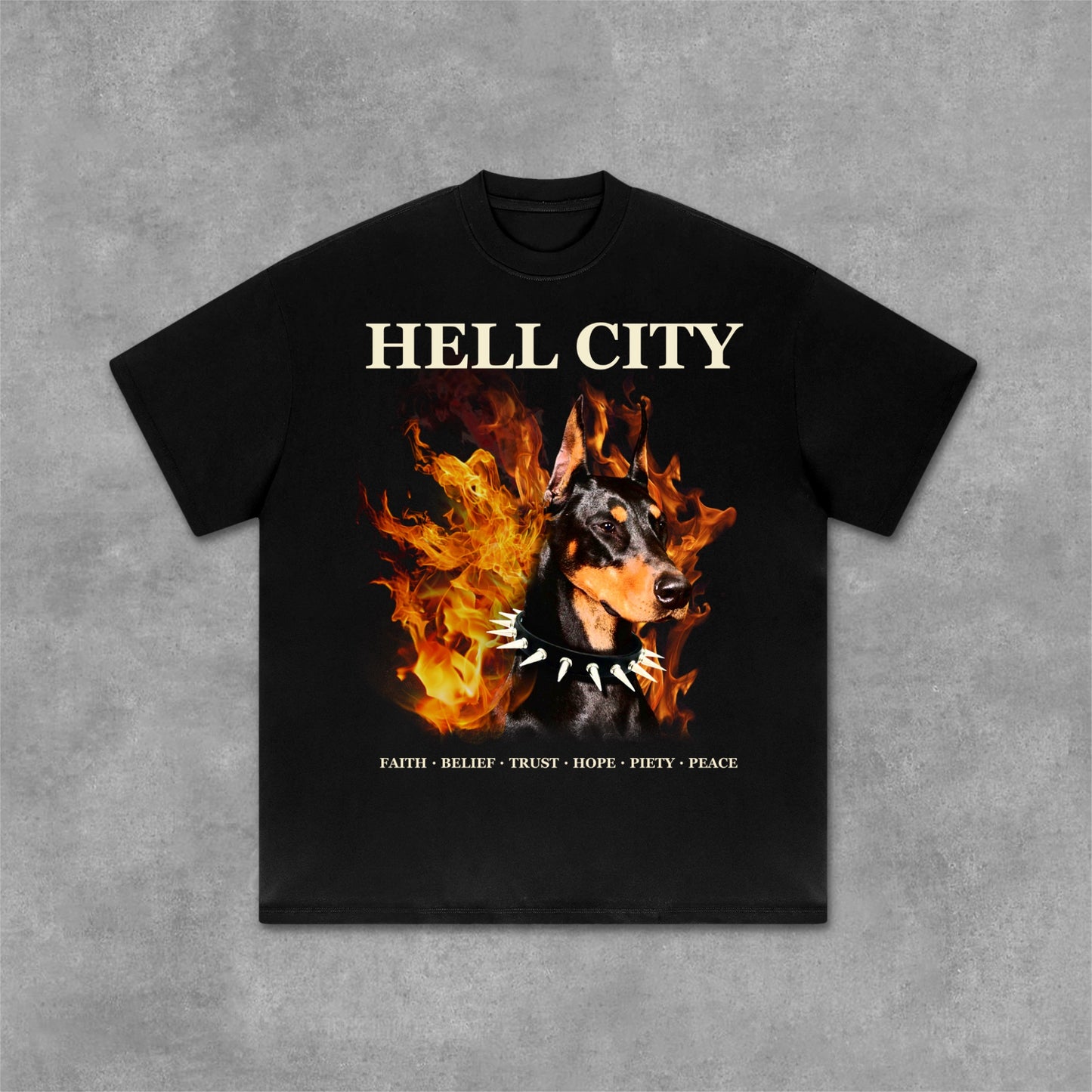 Hell City - Flame Dobern Printed Graphic Cotton T-Shirt