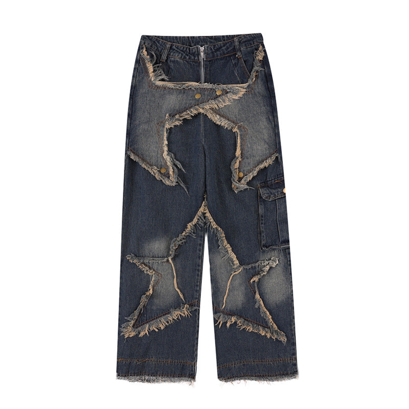 Vercoo Vintage Washed Star Patchwork Raw Edge Jeans