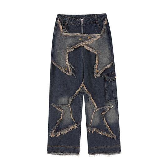 Vercoo Vintage Washed Star Patchwork Raw Edge Jeans