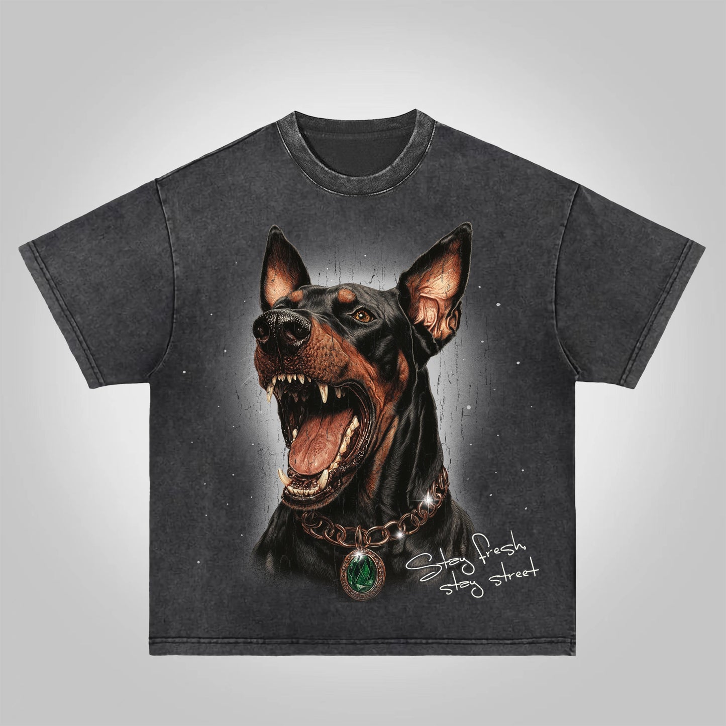 Vercoo Vintage Street Doberman Graphic Acid Wash T-shirt