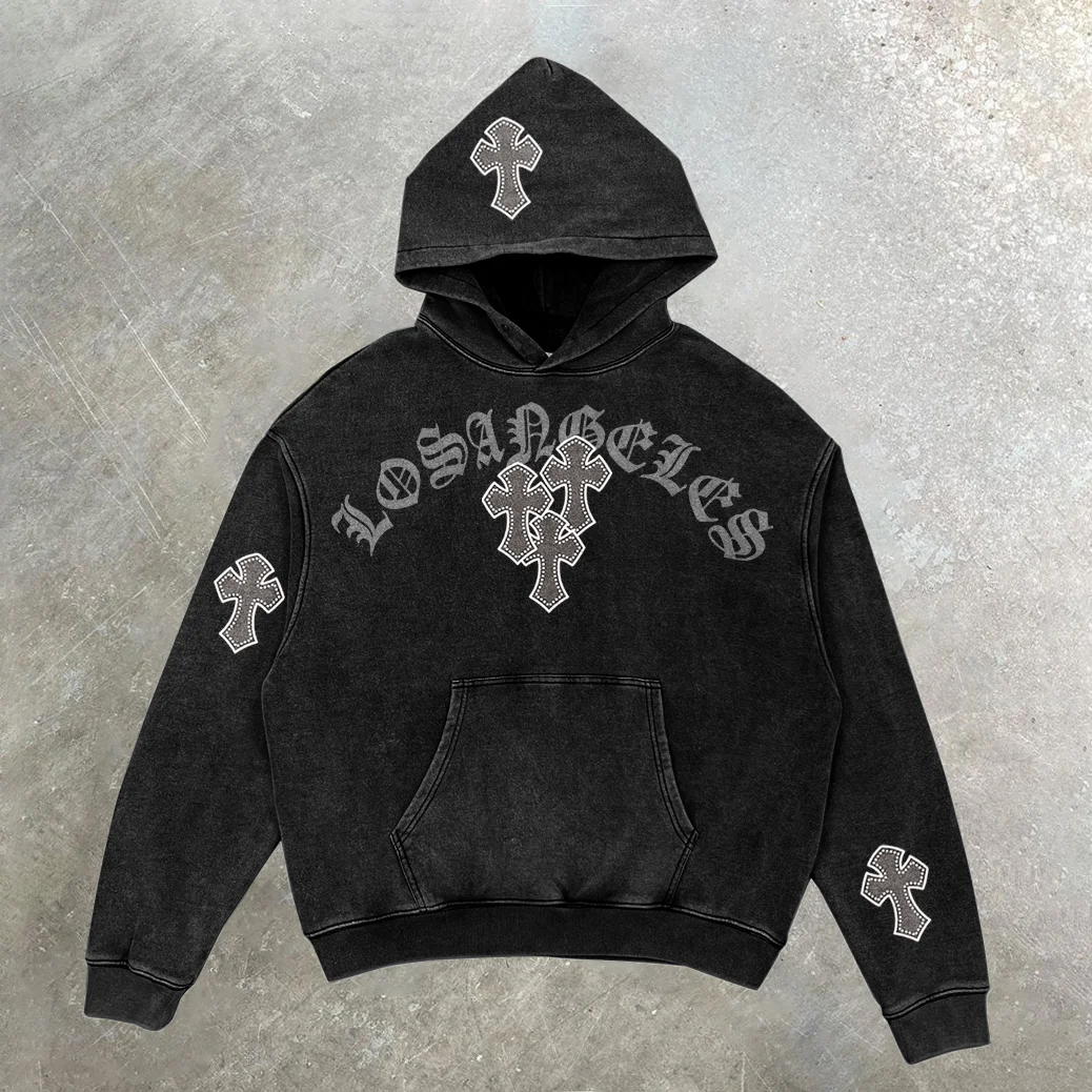 Vintage Faith Cross Graphic Acid Wash Black Hoodie