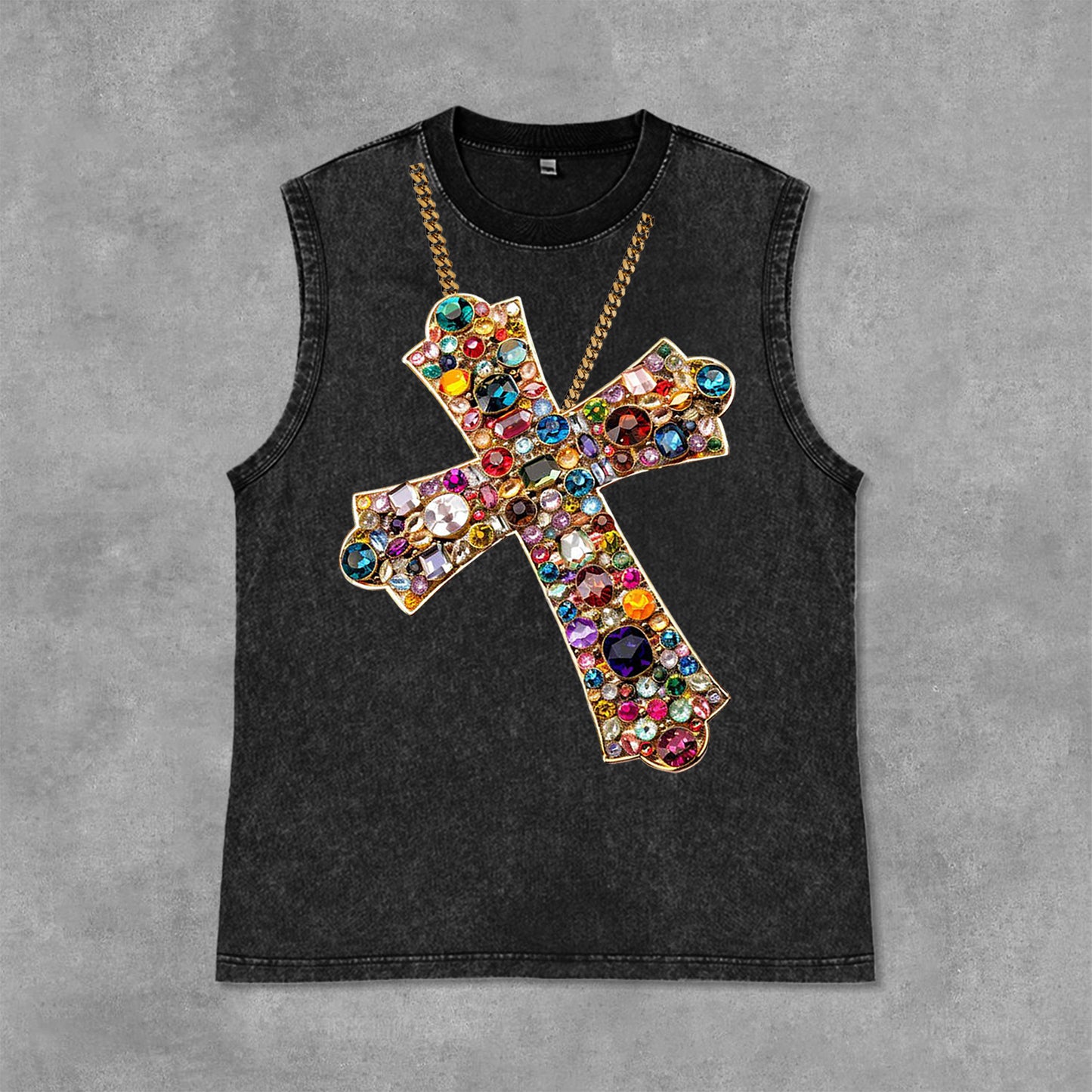 Diamond Cross Graphic Print Acid Washed Sleeveless Tank Top