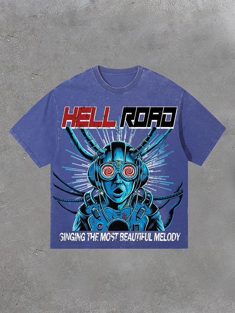 Hell Road Vintage Portrait Print Acid Washed T-Shirt