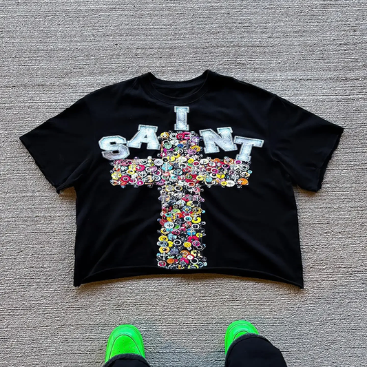 Vintage Saint Cross Art Graphic Cotton T-Shirt