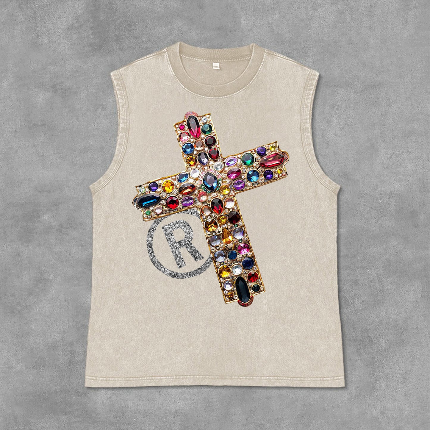 Diamond Cross Graphic Print Casual Acid Washed Sleeveless Tank Top