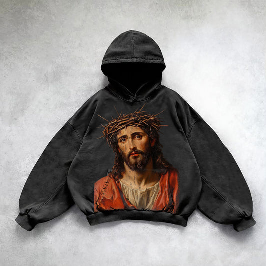 Vercoo Vintage Jesus Portrait Graphic Print Washed Hoodie