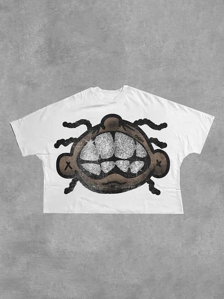 Vintage Diamond Smile Big Face Graphic Short Sleeve T-Shirt