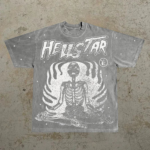 Vintage Hell Star Skull & Letters Print Graphic T-Shirt