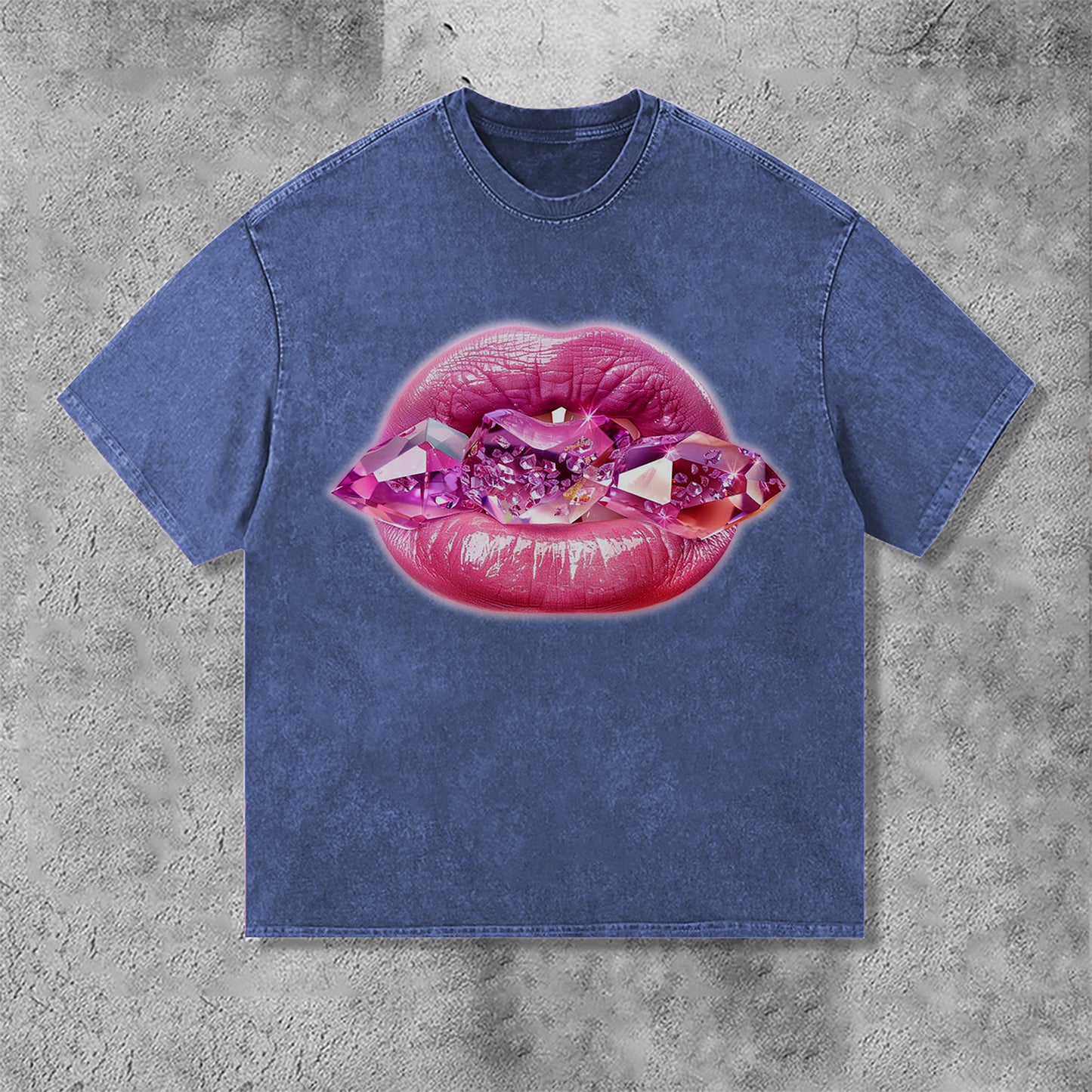 Diamond Lips Graphic Print Acid Washed T-Shirt