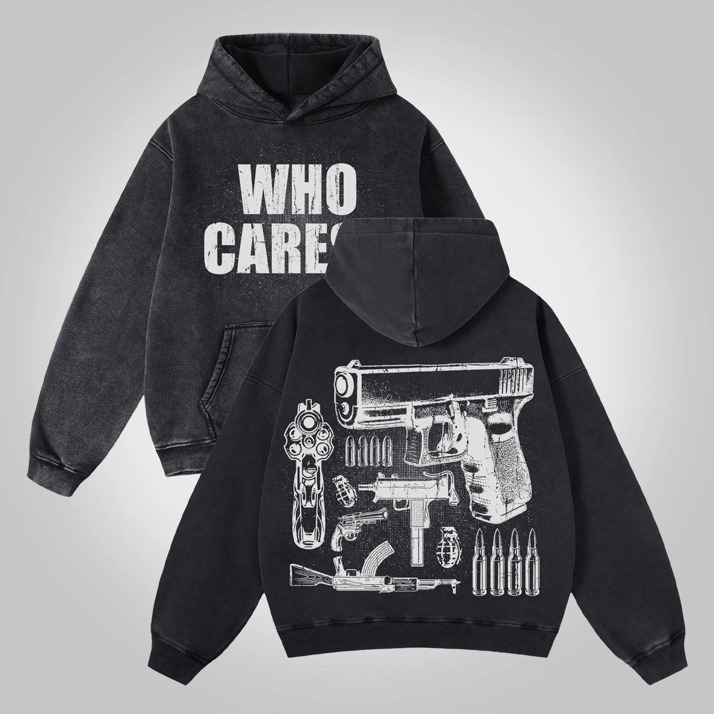 Vercoo Who Cares？vintage Outlet Firearms Graphics Washed Distressed Pocket Hoodie