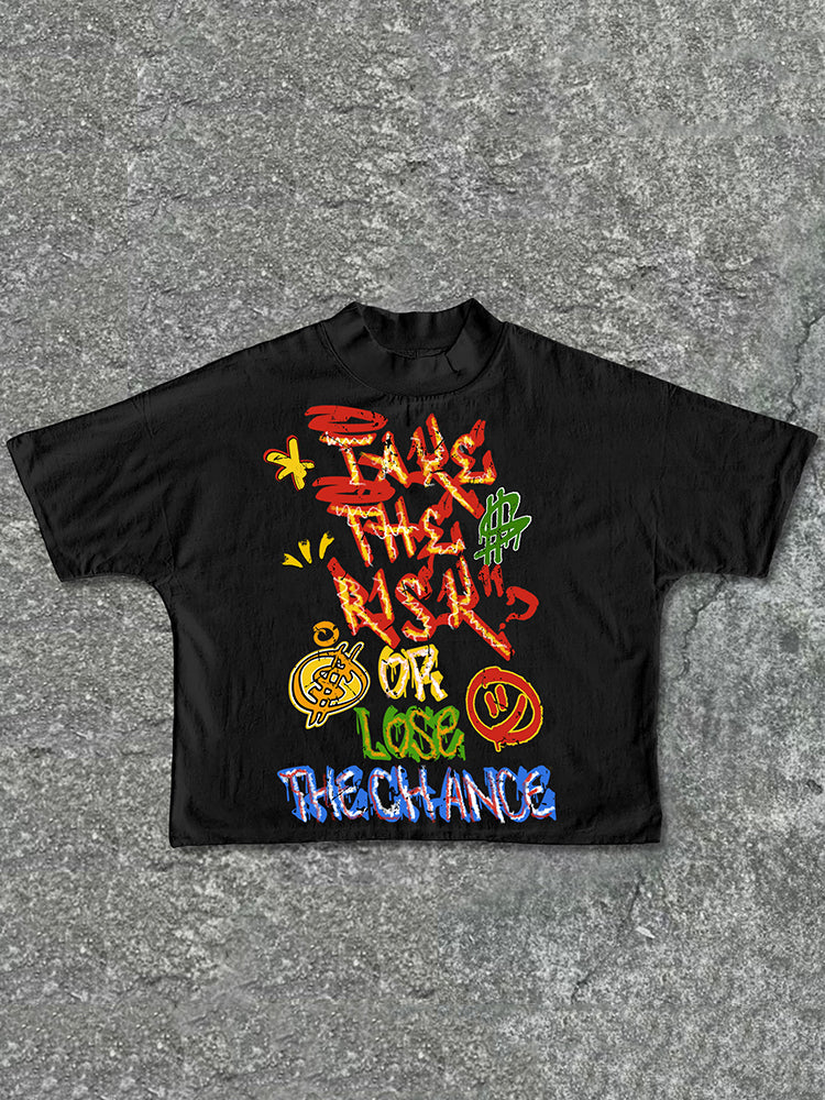 Vercoo Vintage Take The Risk Or Lose The Chance Graphic Print Cropped T-Shirts