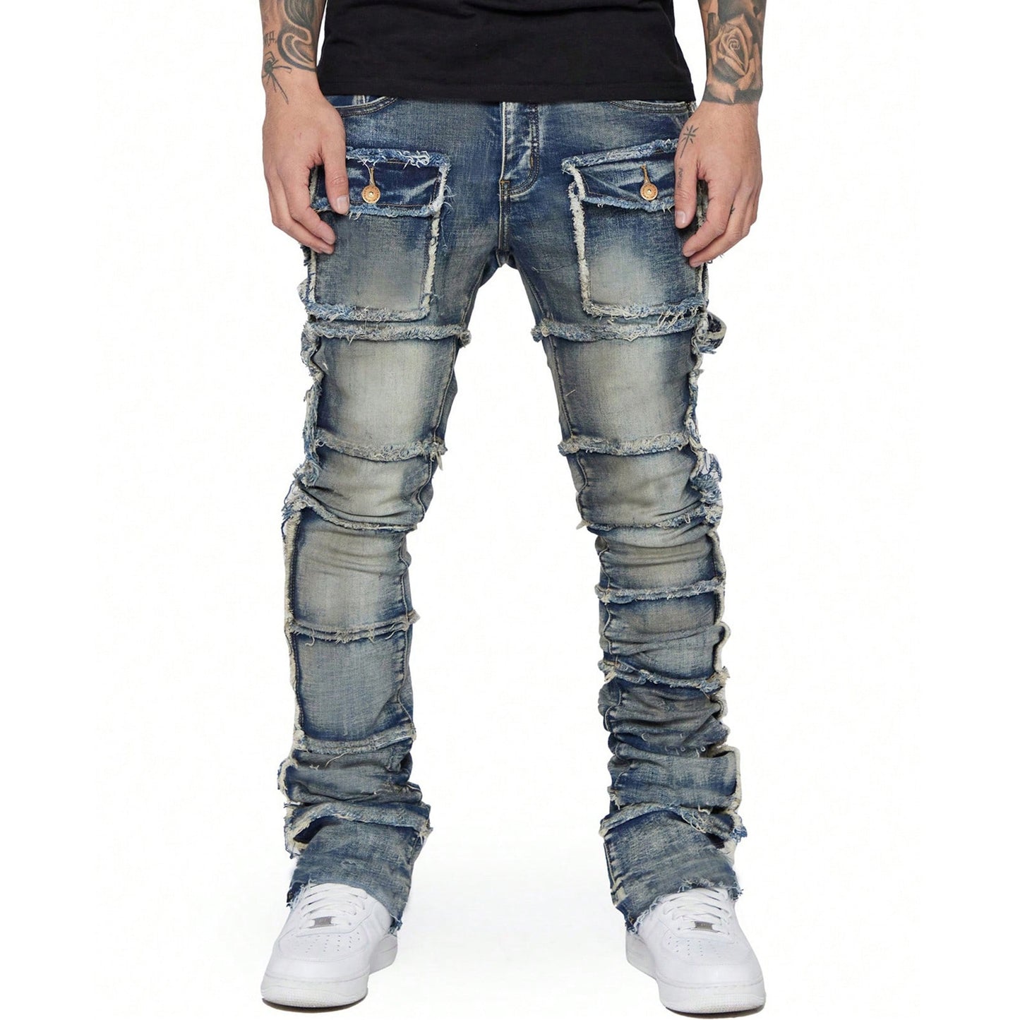 Hiphop Fashion Stretch Patch Cargo Straight Jeans