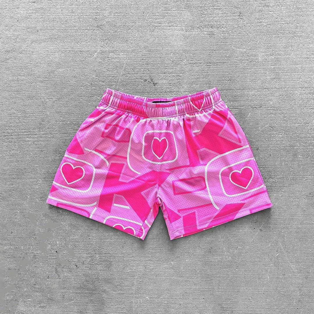 Vintage Heart Love Graphic Casual Street Mesh Shorts