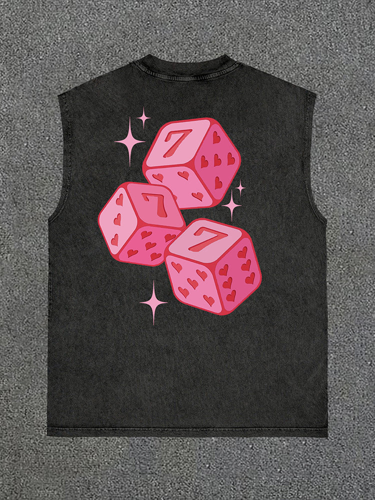 Pink 777 Fun Dice Print Vintage Wash Vintage Sleeveless Tank Top