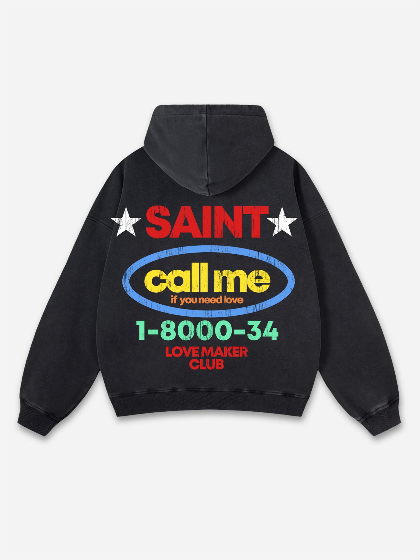 Vercoo Vintage Saint Call Me If You Need Love Graphic Acid Washed Oversized Hoodie