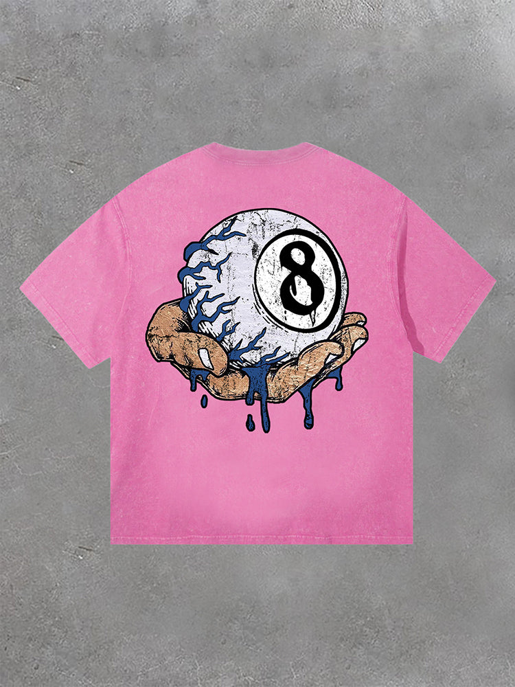 Hand Holding 8 Ball Fun Retro Print Acid Washed T-Shirt