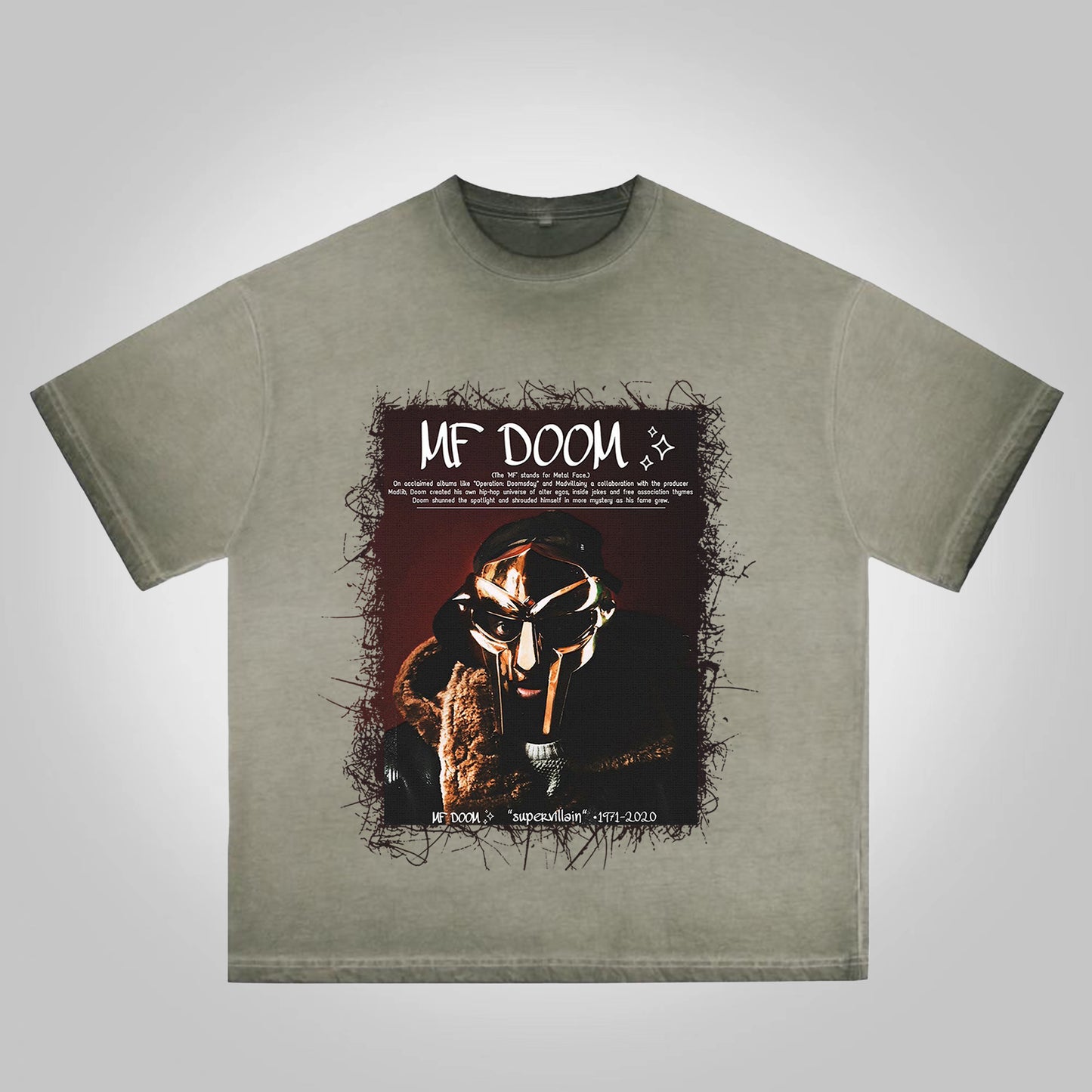 Vercoo Vintage The Illest Villain Mf Doom Graphic Print Washed Cotton T-Shirt