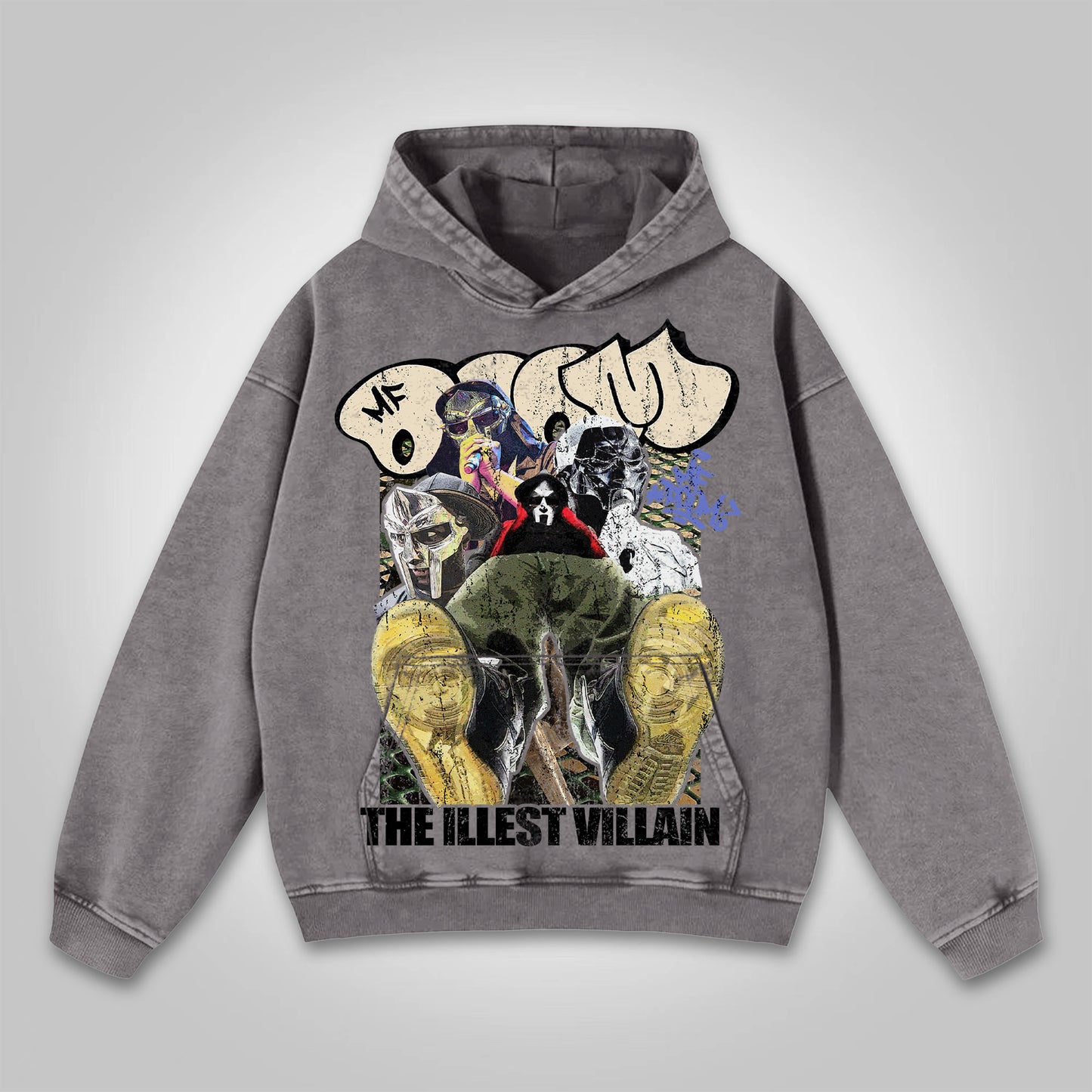 Vercoo Vintage The Illest Villain Mf Doom Graphic Print Washed Hoodie