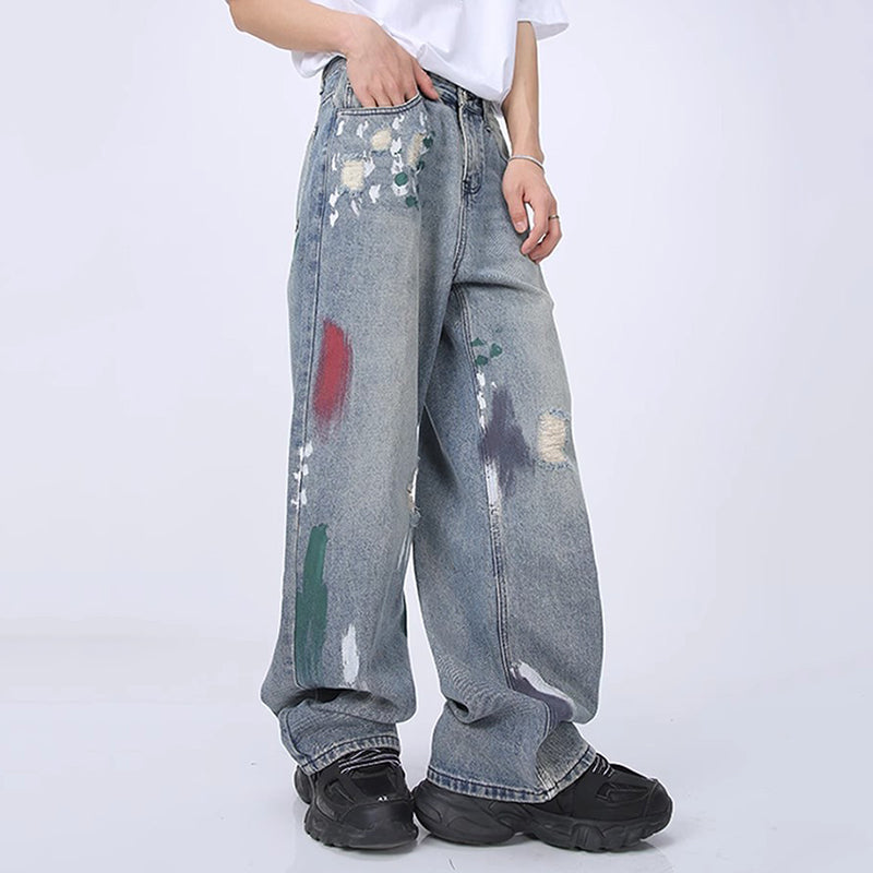 Men's Graffiti Ripped Floor-Length Wide-Leg Jeans