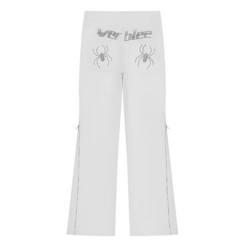 American Spider Embroidery Zipper Slit Jeans