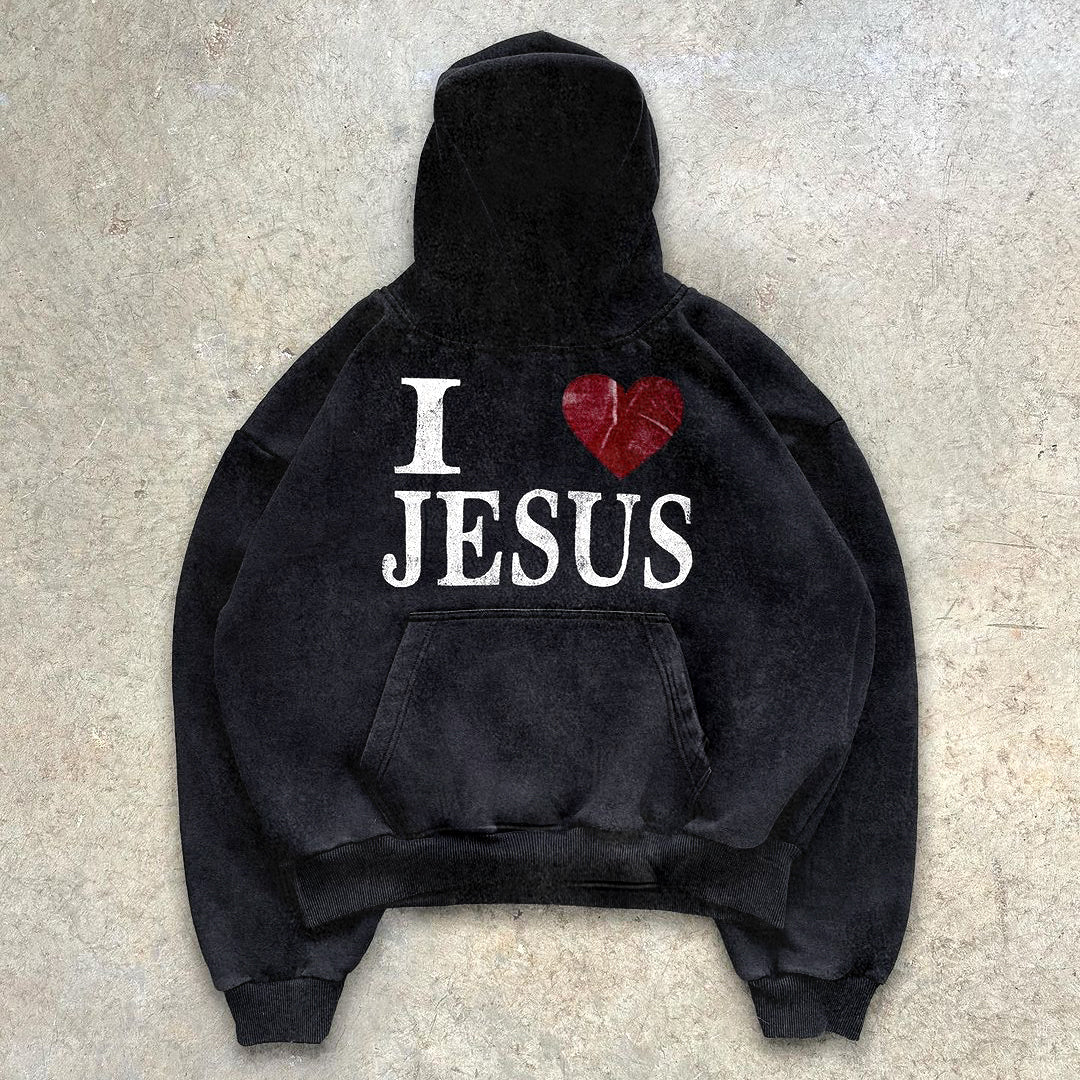 I Love Jesus Print Graphic Black Acid Washed Pullover Hoodie