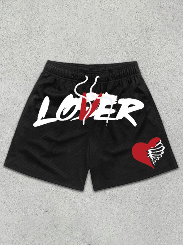 Loser Lover Print Drawstring Mesh Shorts