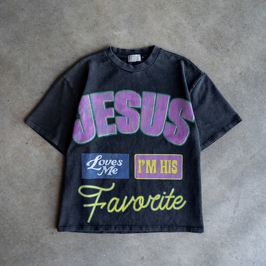 Vercoo Vintage Jesus Favorite Graphic Distressed Acid Wash T-Shirt