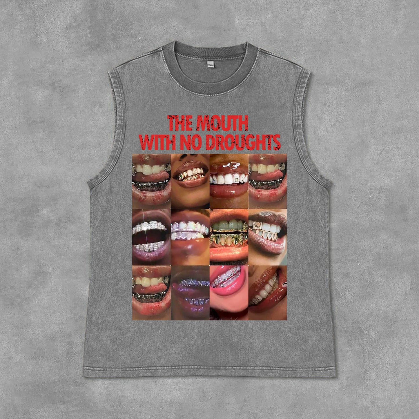 Vintage Lips Graphic The Mouth With No Droughts Print Acid Washed Sleeveless Tank Top