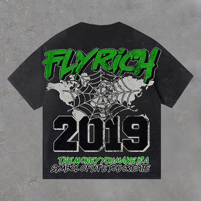 Vintage Fly Get Rich Vintage 2019 Graphic Casual Acid Washed Short Sleeve T-Shirt