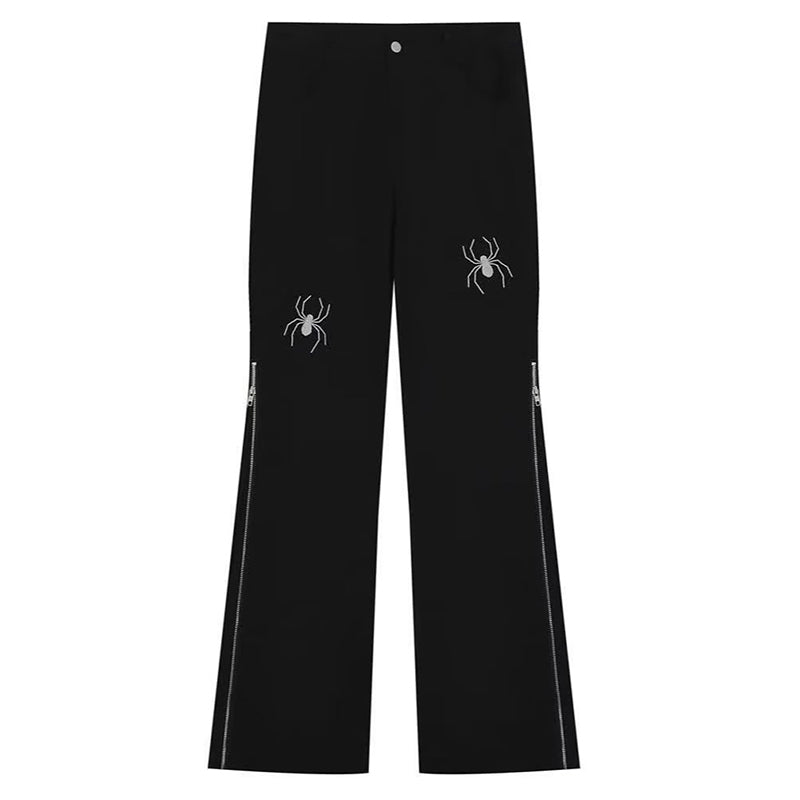 American Spider Embroidery Zipper Slit Jeans