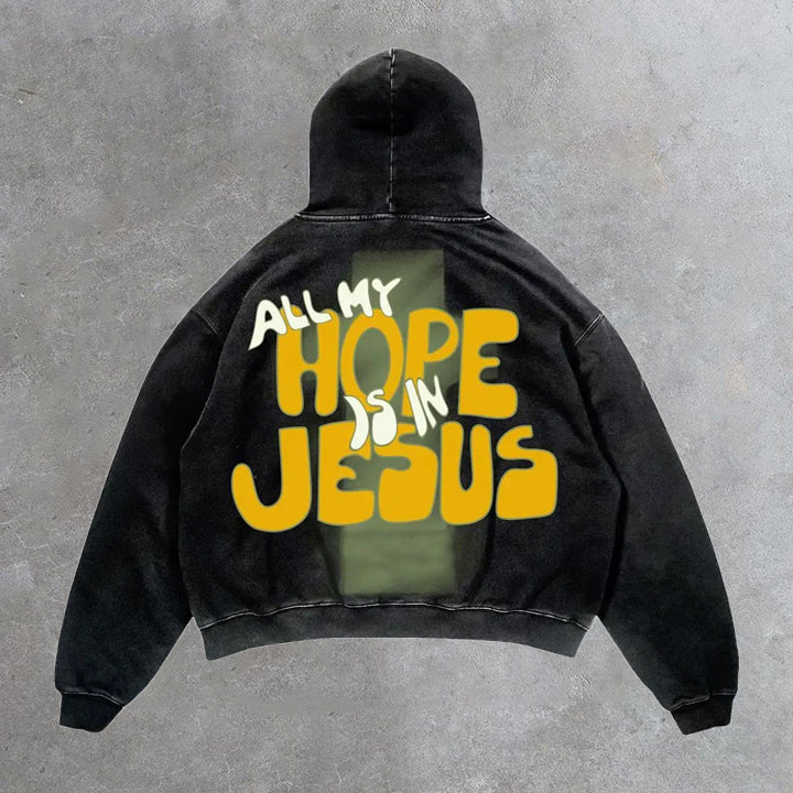 Vintage Unisex All My Hope Is In Jesus Graphic Acid Washed Oversized Hoodie