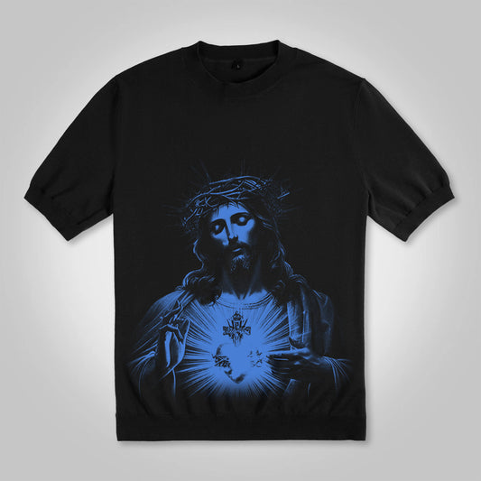 Vercoo Vintage Jesus Print Cotton Knitted T-shirt