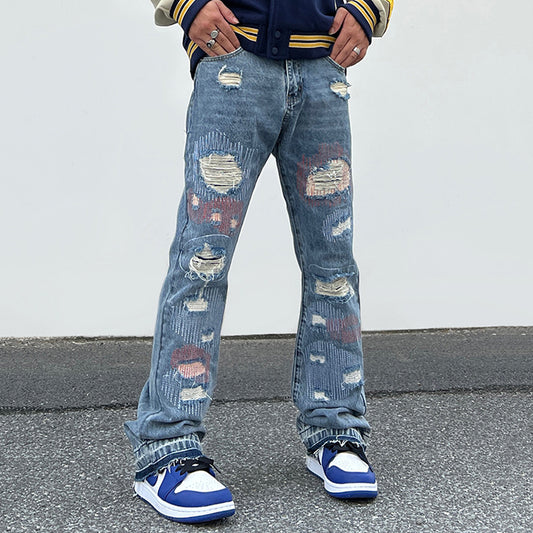 Men's Street Embroidered Ripped Jeans