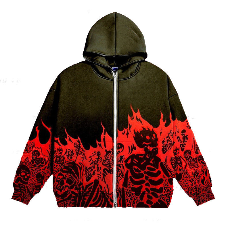 Vintage Flame Skull Print Graphic Zip Up Hoodie