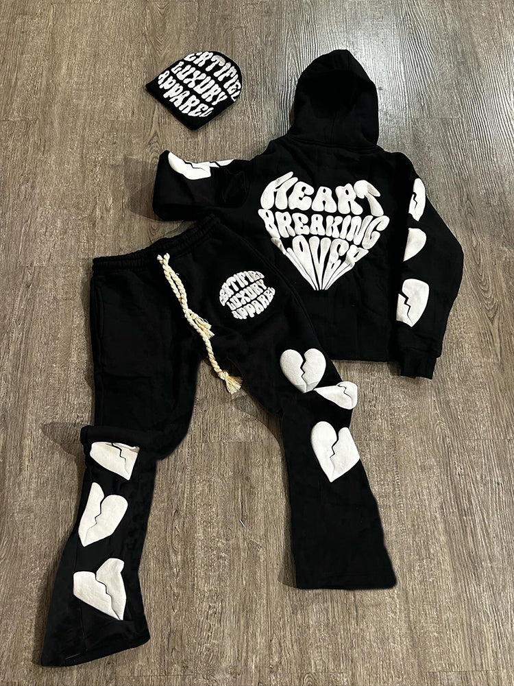 Vintage Heart Breaking Lover Graphic Hoodie & Flared Trousers