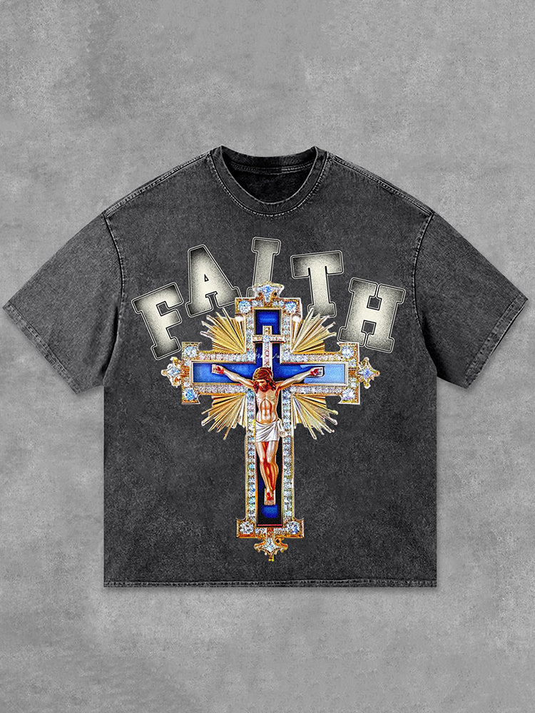 Christian & Diamond Cross - Faith Graphic Design Acid Washed T-Shirt