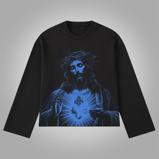 Vercoo Vintage Jesus Print Graphics Cotton Long Sleeve T-Shirt