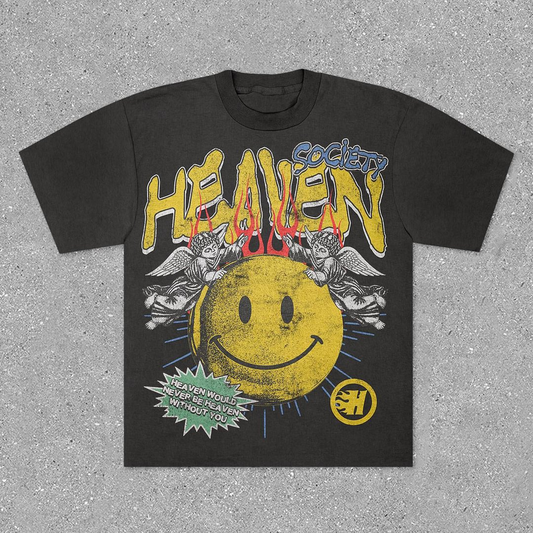 Vercoo Vintage Unisex Smiley Heaven Graphic Casual Cotton T-Shirt