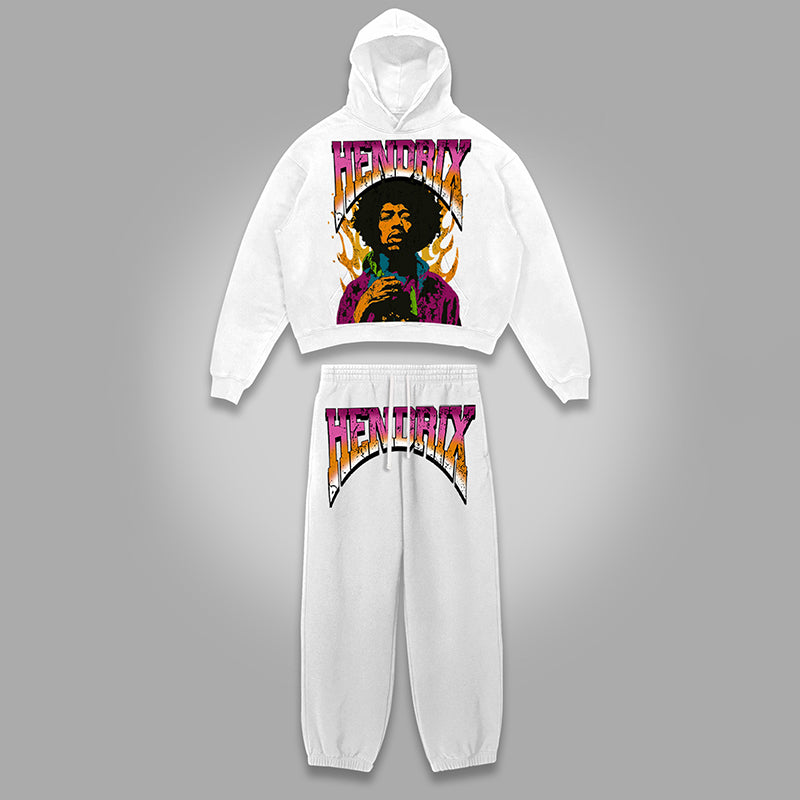 Vercoo Vintage Jimi Hendrix Graphic Print Tracksuit Two Piece Set