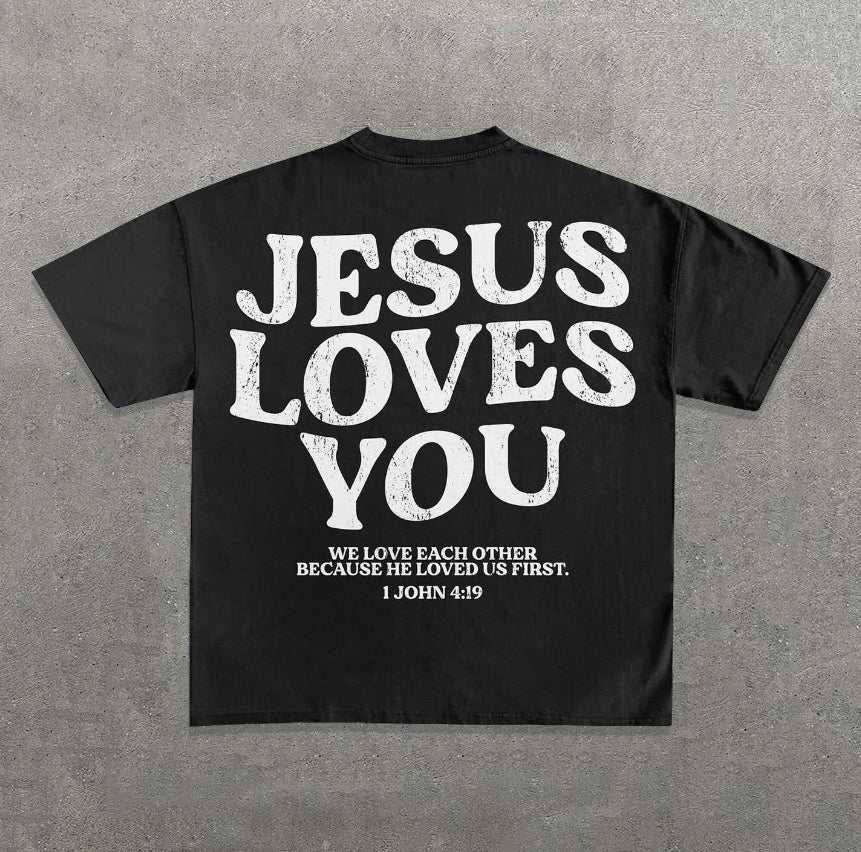 Vercoo Vintage Jesus Loves You Graphic Cotton T-Shirt