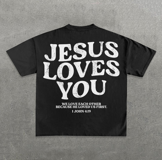 Vercoo Vintage Jesus Loves You Graphic Cotton T-Shirt