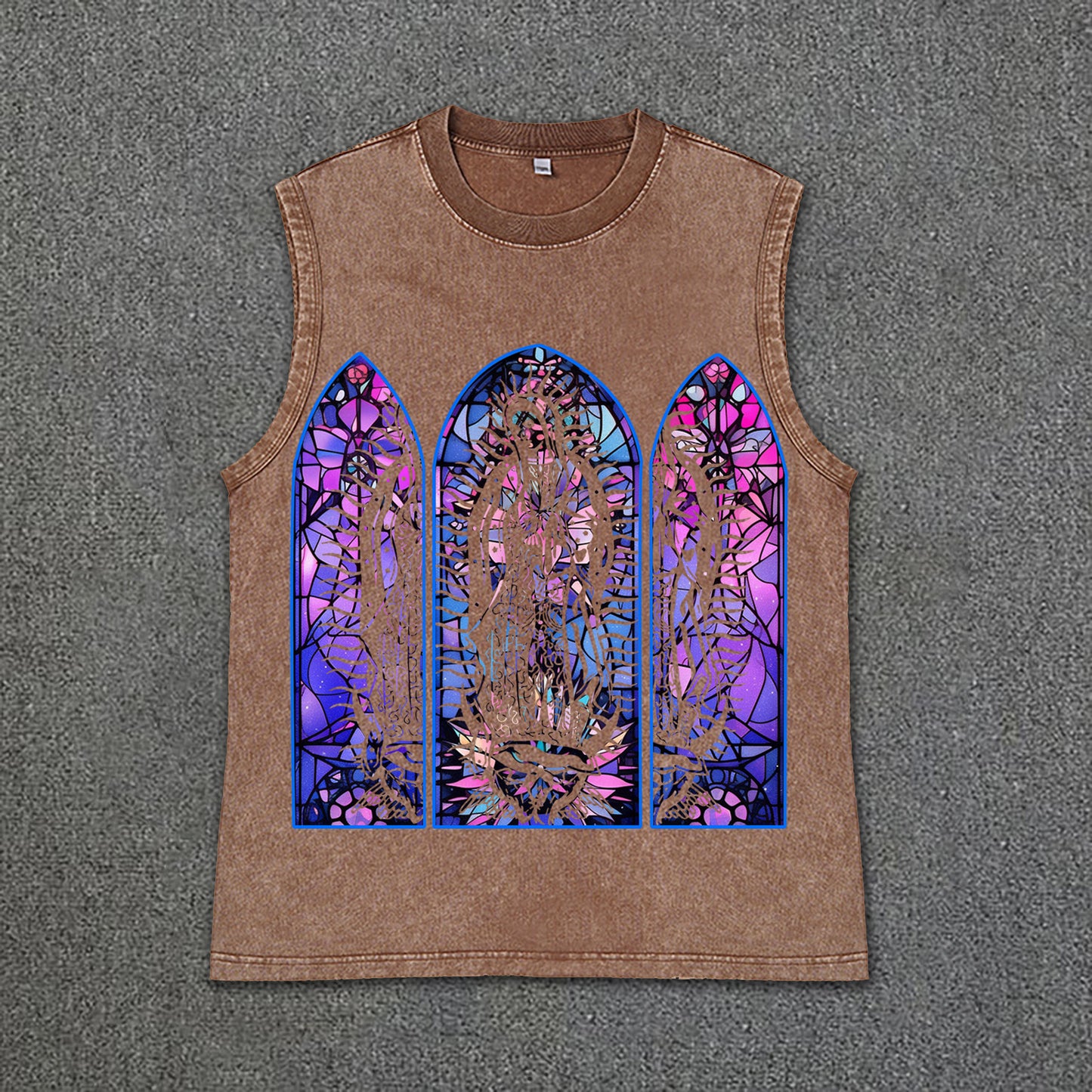 Vercoo Vintage Men's Original Night Glow Textured Stained Glass Print Vintage Wash Sleeveless Tank Top